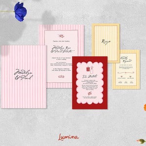 HOCHZEITSEINLADUNGS-SET & rsvp, bunt gestreifte Einladungsserie, wunderlich französisch inspiriert, Vintage handgeschrieben, elegant von Hand gezeichnet | SP1