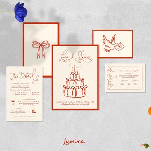 WEDDING INVITATION TEMPLATE set with rsvp, french inspired wedding suite, hand drawn bow cake, unique editable stationary, red, handwritten