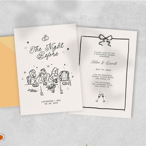 REHEARSAL DINNER INVITE Template, hand drawn whimsical scribble Illustration, the night before wedding, quirky french inspired | CL3