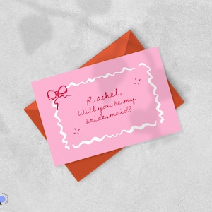 PLANTILLA DE PROPUESTA DE DAMA DE HONOR, tarjeta manuscrita en rosa y rojo con la frase "¿Quieres ser mi dama de honor?", invitación de dama de honor editable, lazo dibujado a mano / LM0