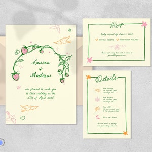WEDDING INVITATION SET with Rsvp, garden party colorful illustrations, whimsical hand drawn, wedding bells, cupid pink & green quirky | GP1