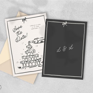 SAVE THE DATE Template, black & white champagne tower, quirky handwritten + hand drawn parisian invite, whimsical vintage inspired | CL3