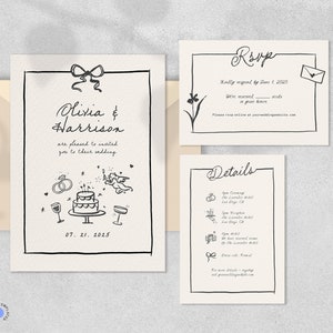 WEDDING INVITATION SET with Rsvp, hand drawn illustration, whimsical french inspired ribbon bow, quirky handwritten digital invite set | CL3