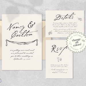 HOCHZEITS-EINLADUNGS-SET mit Antwort-details, vintage handgeschriebener Schrift, handgezeichnetes Wappen, französisch inspiriertes Unikat Retro | HW1