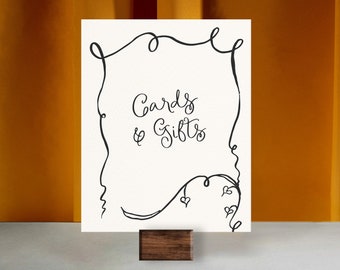 CARDS GIFTS SIGN Template, whimsical wedding reception sign, bridal, baby shower gift table, french vintage vine drawing, handwritten | W3
