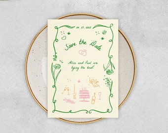 SAVE THE DATE Template, hand drawn garden party invitation, whimsical handwritten unique, quirky scribble illustration, floral border | GP1