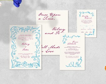 SET DE INVITACIÓN DE BODA y confirmación de asistencia, caprichosas ilustraciones de jardín en azul, suite de invitación escrita a mano, dibujado a mano, enredaderas y borde floral, azul / L1