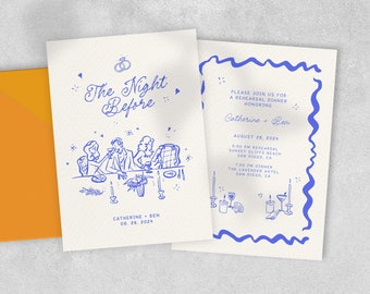 REHEARSAL DINNER INVITE Template, hand drawn whimsical scribble Illustration, the night before wedding, colorful french inspired | LM2