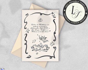 SAVE THE DATE Template, hand drawn wedding invitation, whimsical french inspired illustration invite, funky quirky cupid swan scribble | LM3