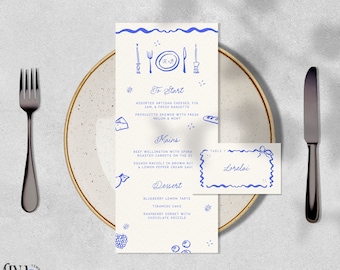 MENU & PLACE CARD Template, Whimsical French Inspired Wedding Illustration, Funky Unique Hand Drawn 4x9 Menu, Retro Wavy Border | LM2