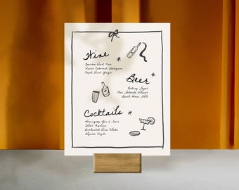 BAR & DRINKS MENU Template, funky playful illustration, wedding cocktail menu, handwritten, quirky hand drawn wine, french cafe | CL3