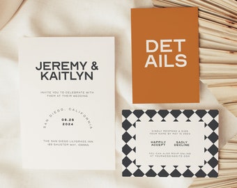 Unique Wedding Invitation Set with RSVP, Terracotta Wedding Invitations, Colorful Wedding Invitation Printable, Modern Invite Suite | CR1