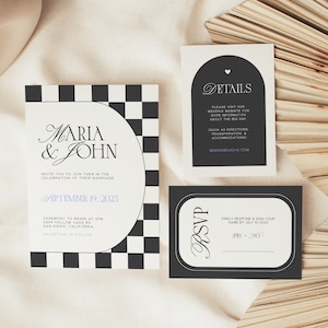 Checkered Wedding Invitation Suite with RSVP, Retro Wedding Invitation Set, Classic Black & White Wedding Template Printable | CK1