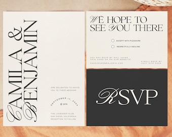 Moderne bruiloftsuitnodigingsset met RSVP, zwart-wit trouwkaartsuite met foto, alles-in-één elegante bruiloftsuitesjabloon | MW1