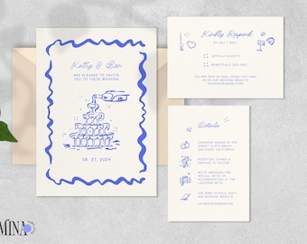 WEDDING INVITATION SET with Rsvp, Beach Ceremony, Whimsical Quirky Hand Drawn, Blue Wavy Border, Funky Champagne Tower Invitation | LM2