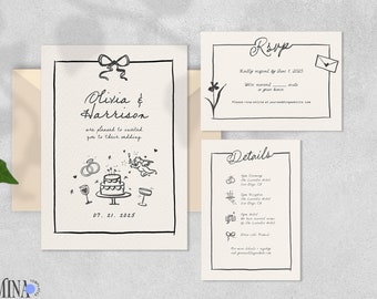 WEDDING INVITATION SET with Rsvp, hand drawn illustration, whimsical french inspired ribbon bow, quirky handwritten digital invite set | CL3