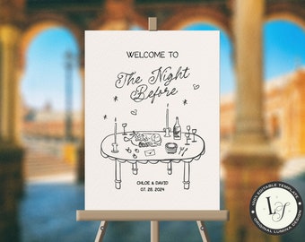 REHEARSAL DINNER SIGN Template, french inspired wedding rehearsal poster, hand drawn welcome sign illustration, the night before | CL3