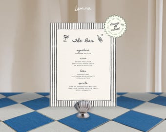 STRIPED BAR MENU sign template, handwritten drinks, chic wedding signage, signature cocktails sign, editable, hand drawn stripes, minimalist