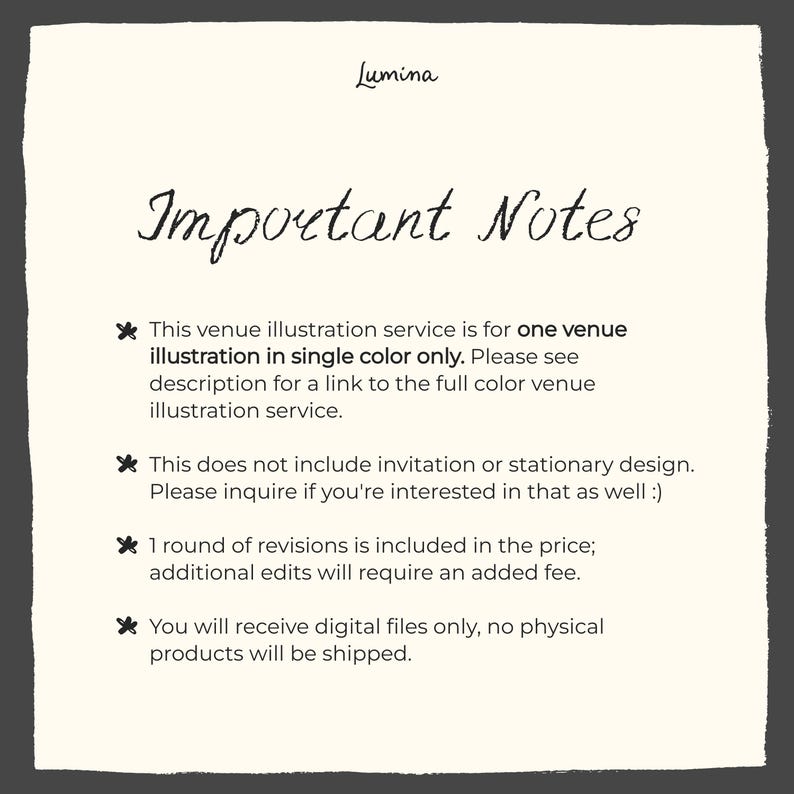 May include: Important notes for a venue illustration service. This service includes one venue illustration in a single color. It does not include invitations or stationary design. One round of revisions is included in the price, additional edits will require an added fee. Digital files only, no physical products will be shipped.