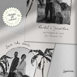 SAVE THE DATE template, hand drawn palm trees, arch photo card, whimsical beach wedding, destination save the date, chic, handwritten