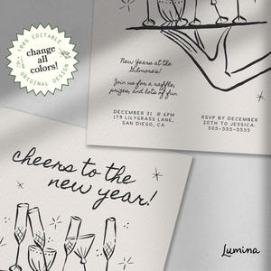 Może przedstawiać: Czarno-biała ilustracja zaproszenia na sylwestrową imprezę z tekstem "Cheers to the new year!" i "Lumina". Zaproszenie zawiera informacje o imprezie u Gilmore'&oacute;w 31 grudnia o godzinie 18:00, z terminem odpowiedzi do 20 grudnia.