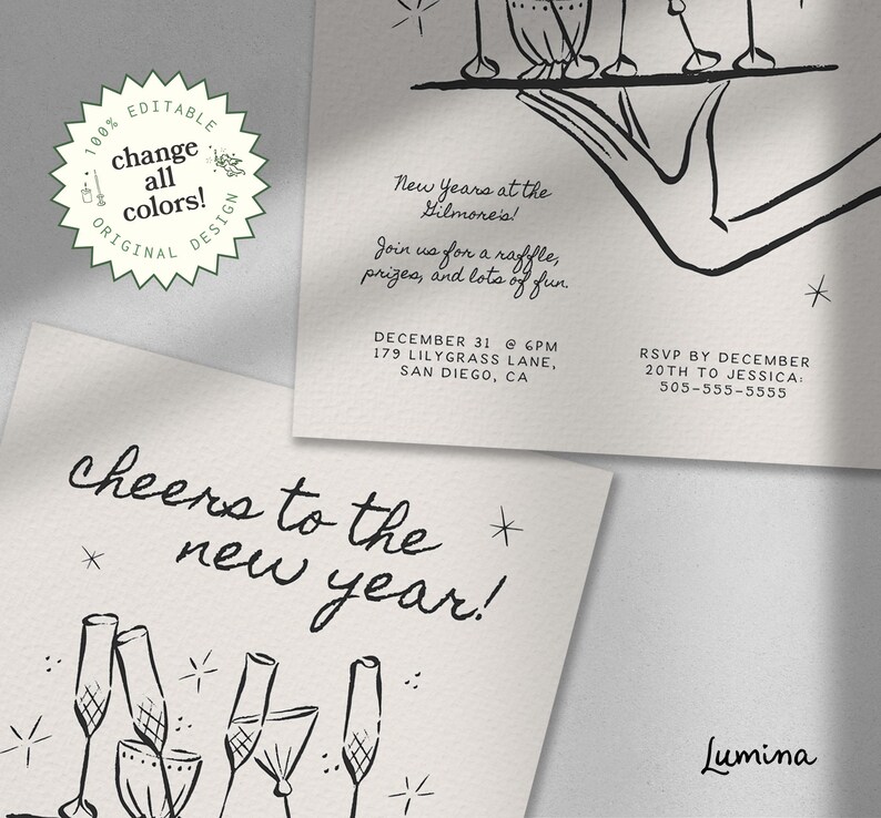 Może przedstawiać: Czarno-biała ilustracja zaproszenia na sylwestrową imprezę z tekstem "Cheers to the new year!" i "Lumina". Zaproszenie zawiera informacje o imprezie u Gilmore'&oacute;w 31 grudnia o godzinie 18:00, z terminem odpowiedzi do 20 grudnia.