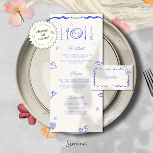 Sjabloon MENU & PLAATS KAART, grillige Frans geïnspireerde bruiloft illustratie, funky unieke handgetekende 4 x 9 menu, retro golvende rand | LM2