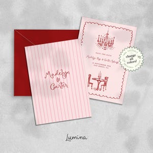 SAVE THE DATE template, chic French style wedding invite, whimsical romantic illustrations, handwritten script, stripes, chandelier