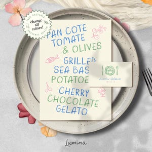 Modelo de MENU E CARTÃO DE LUGAR, menu colorido escrito à mão, cartão de visita descolado, ilustrações simples desenhadas à mão, escrita de rabiscos bagunçados, giz de cera
