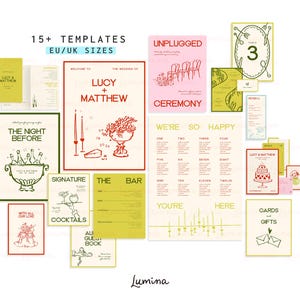 May include: A collection of wedding stationery templates in EU/UK sizes, featuring various cards, signs, and menus with line art illustrations and text in red, green, and cream. The set includes items labeled The Night Before, Unplugged Ceremony, and The Bar.