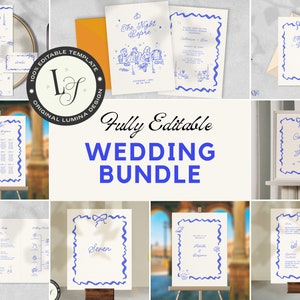WEDDING TEMPLATES BUNDLE, full hand drawn wedding suite, all in one wedding signage, custom french inspired whimsical illustrations | LM2