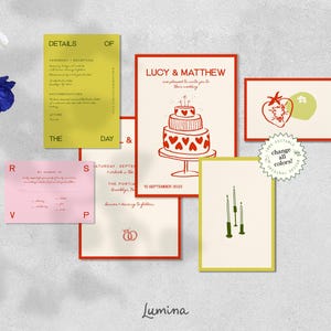 WEDDING INVITATION SET with rsvp, colorful funky suite, hand drawn cake, unique modern stationery, red pink olive, artsy european | ruby