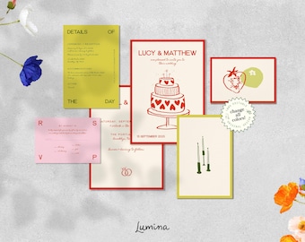 WEDDING INVITATION SET with rsvp, colorful funky suite, hand drawn cake, unique modern stationery, red pink olive, artsy european | ruby