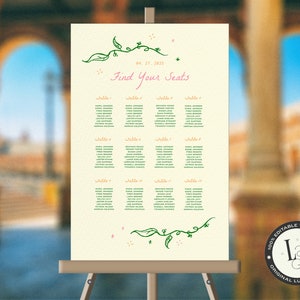 PLANTILLA DE DISPOSICIÓN DE ASIENTOS PARA BODAS, temática de fiesta en el jardín, ilustraciones únicas de garabatos dibujados a mano, señalización colorida para eventos / GP1