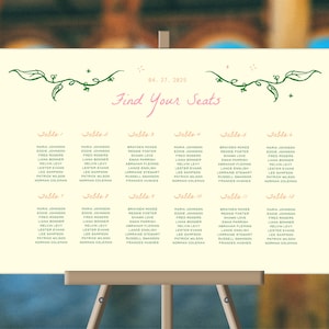 WHIMSICAL SEATING CHART Template, garden party greenery theme, landscape, hand drawn illustrations vines, colorful reception signage | GP1