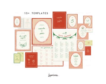 May include: A collection of wedding stationery templates in red, cream, and green. The designs include invitations, table cards, and menus with decorative illustrations and text. The words "15+ TEMPLATES" and "Lumina" are visible.