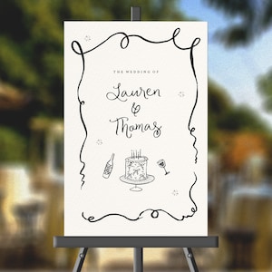 Może przedstawiać: Biały znak ślubny z czarną kaligrafią, na którym widnieje napis "The Wedding of Lauren & Thomas". Znak zawiera również czarno-białą ilustrację tortu, butelki wina i kieliszka do wina.