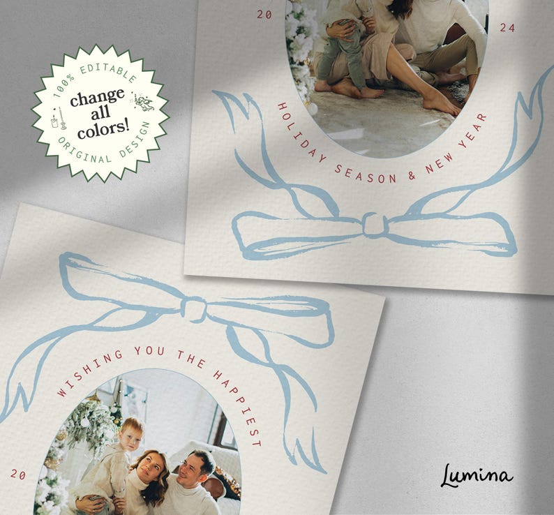 May include: A holiday card template with a blue ribbon design and a circular space for a photo. The text "Wishing you the happiest Holiday Season & New Year" is written around the ribbon design. The text "Lumina" is in the bottom right corner.