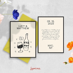 SAVE THE DATE Template, funky hand drawn wedding invitation, handwritten invite, quirky illustration, wine, modern, black border | ruby