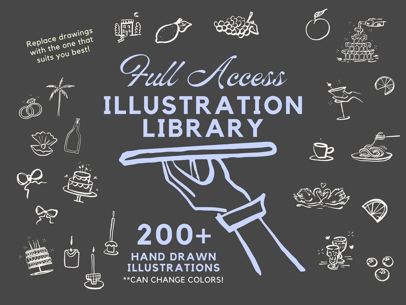 K&ouml;nnte beinhalten: Eine Hand h&auml;lt ein Tablett mit dem Text "Full Access Illustration Library 200+ Hand Drawn Illustrations **Can Change Colors!" Das Bild ist von verschiedenen handgezeichneten Illustrationen umgeben, darunter ein Schloss, eine Zitrone, Trauben, eine Orange, ein Martini-Glas, ein Kuchen und eine Kerze.