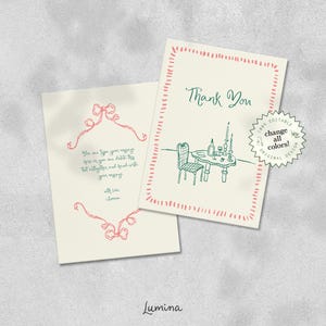 THANK YOU CARD Template, hand drawn French inspired bows, whimsical handwritten wedding note, quirky chic wedding favor | LM0