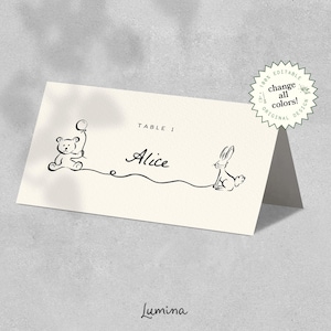 PLANTILLA DE TARJETA DE LUGAR, tarjeta de nombre para baby shower, osito de peluche y conejo dibujados a mano, globo lindo y peculiar, baby shower de género neutro escrito a mano