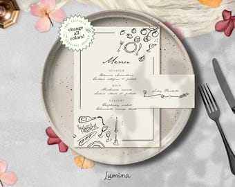 MENU & PLACE CARD Template, handwritten name card, chic french style wedding, hand drawn whimsy scribbles, vintage event stationary