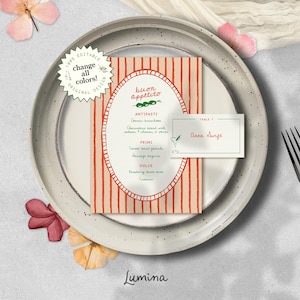 HANDGESCHRIEBENE MENÜ-Vorlage, handgezeichnete italienische Hochzeit + Tischkarte, Oliven-Illustration, schrullig, skurril, französisches Café nach Maß
