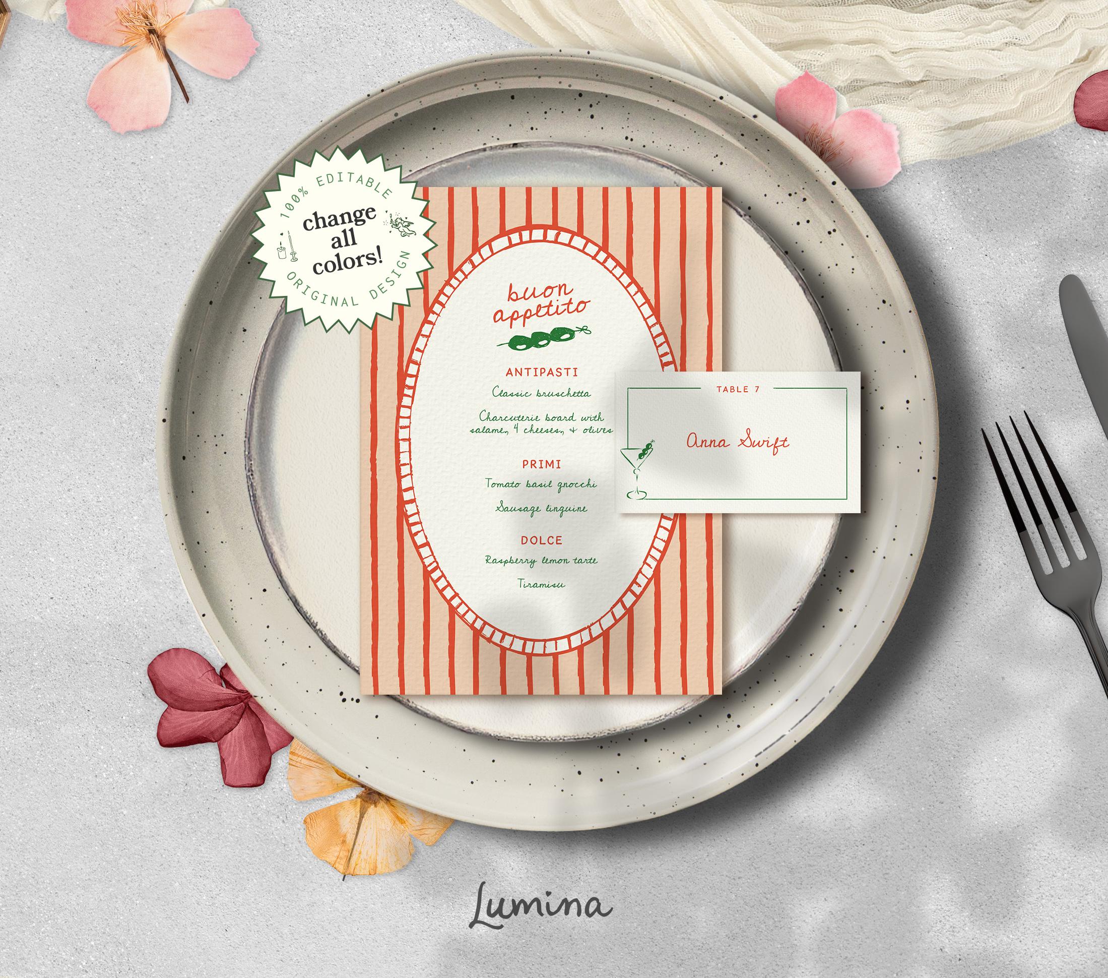 HANDWRITTEN MENU template, hand drawn Italian wedding + place card, olives illustration, quirky whimsical stripes, french cafe bespoke