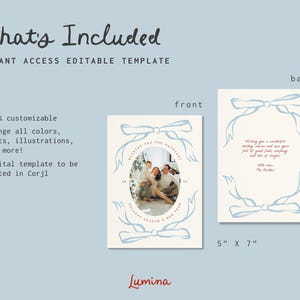 May include: A digital template for a holiday card featuring a family of three in a blue and white wreath with the text "Wishing you the happiest holidays and a new year full of good food, company, and lots of laughs."  The card is 5 inches by 7 inches.