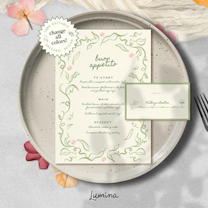 Plantilla de menú floral verde, enredaderas caprichosas dibujadas a mano, tarjeta de lugar doblada, garabato de vegetación, ilustración peculiar, boda en el bosque, editable