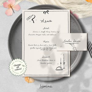 Modello per MENU e SEGNAPOSTO, illustrazione di matrimonio scritta a mano ispirata alla Francia, bordo funky e stravagante per biglietti da visita, elegante design personalizzato / CL3