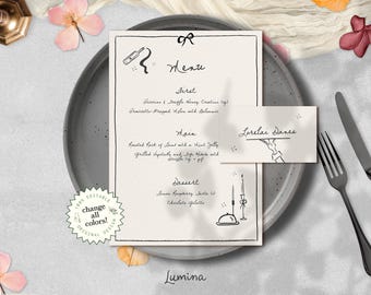 MENU & PLACE CARD Template, handwritten french inspired wedding illustration, funky whimsical name card border, elegant bespoke design | CL3
