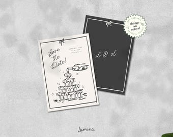 SAVE THE DATE Schablone, schwarz-weißer Champagner-Turm, eigenwillige handgeschriebene + handgezeichnete Pariser Einladung, wunderlich Vintage-inspiriert | CL3